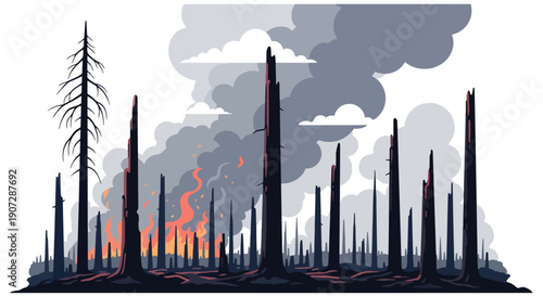 Modern flat vector illustration of burnt trees after forest clearing and fires, showing severe environmental damage and climate impact