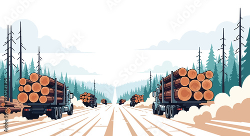 Flat vector illustration of logging trucks carrying timber from forest, highlighting industrial deforestation and natural resource exploitation