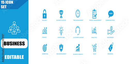 Collection of fifteen blue business concept on white background security padlock business success