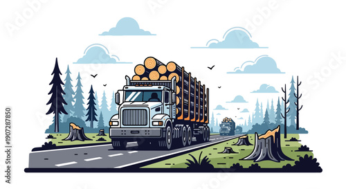 Flat vector illustration of logging trucks carrying timber from forest, highlighting industrial deforestation and natural resource exploitation