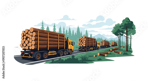 Flat vector illustration of logging trucks carrying timber from forest, highlighting industrial deforestation and natural resource exploitation