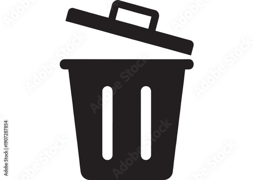Trash can icon with lid tilted open, black silhouette bin symbol isolated on white background, minimal flat pictogram for delete, recycle, waste management apps