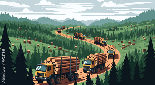 Flat vector illustration of logging trucks carrying timber from forest, highlighting industrial deforestation and natural resource exploitation