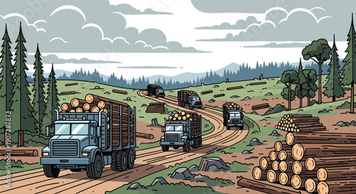 Flat vector illustration of logging trucks carrying timber from forest, highlighting industrial deforestation and natural resource exploitation