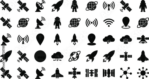 Collection of black icons depicting various space and technology related objects and symbols.