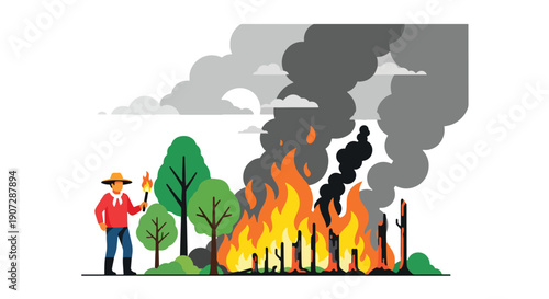 Modern vector illustration of farmer burning forest land for agriculture, showing environmental impact and land degradation