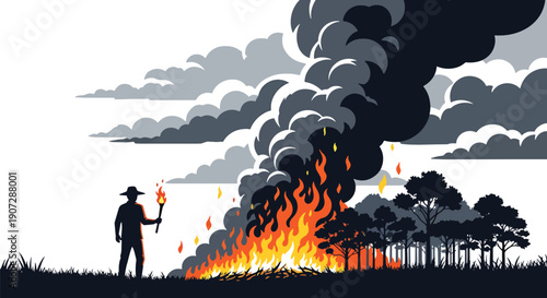 Modern vector illustration of farmer burning forest land for agriculture, showing environmental impact and land degradation