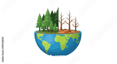 Flat vector illustration of earth divided into green forest and barren land, symbolizing global deforestation and climate change