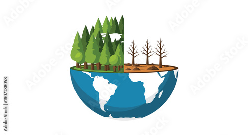 Flat vector illustration of earth divided into green forest and barren land, symbolizing global deforestation and climate change