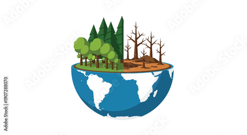 Flat vector illustration of earth divided into green forest and barren land, symbolizing global deforestation and climate change