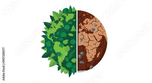 Flat vector illustration of earth divided into green forest and barren land, symbolizing global deforestation and climate change
