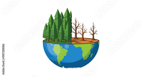 Flat vector illustration of earth divided into green forest and barren land, symbolizing global deforestation and climate change