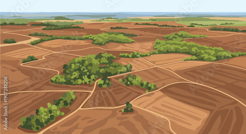 Flat vector illustration of aerial view showing cleared forest and patchy trees, highlighting large-scale deforestation