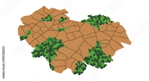 Flat vector illustration of aerial view showing cleared forest and patchy trees, highlighting large-scale deforestation
