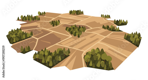 Flat vector illustration of aerial view showing cleared forest and patchy trees, highlighting large-scale deforestation
