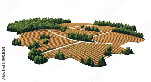 Flat vector illustration of aerial view showing cleared forest and patchy trees, highlighting large-scale deforestation