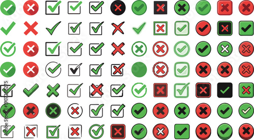 Grid of green checkmarks and red crosses in various styles and shapes indicating correct and incorrect choices.