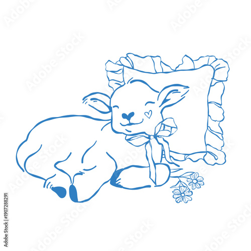 A cute lying goat with a bow, pillow, and flowers. Farm animal, vector outline Easter illustration. Composition for Easter and spring. Line clip art in blue.
