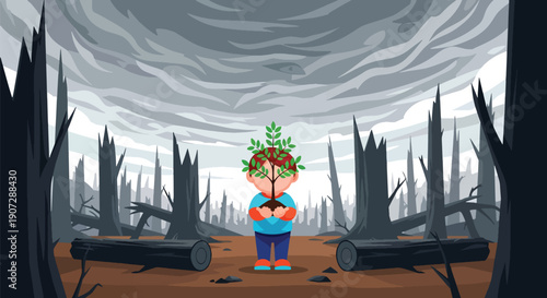 Flat vector illustration of child holding plant in deforested area, symbolizing hope, conservation, and environmental awareness