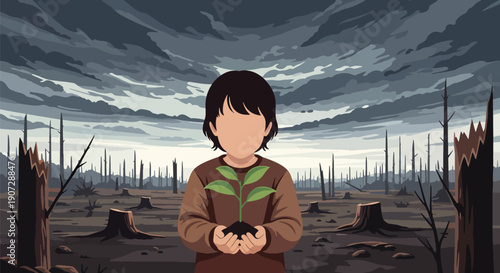 Flat vector illustration of child holding plant in deforested area, symbolizing hope, conservation, and environmental awareness