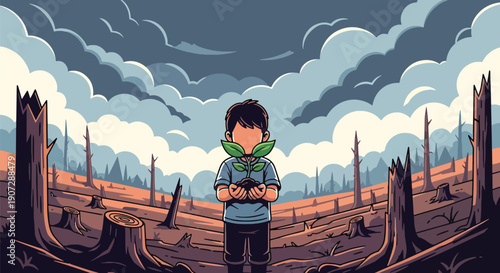 Flat vector illustration of child holding plant in deforested area, symbolizing hope, conservation, and environmental awareness