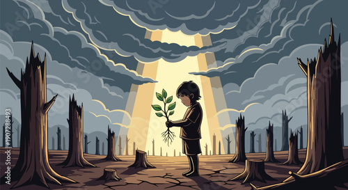Flat vector illustration of child holding plant in deforested area, symbolizing hope, conservation, and environmental awareness