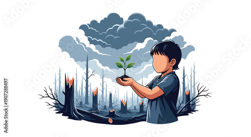 Flat vector illustration of child holding plant in deforested area, symbolizing hope, conservation, and environmental awareness