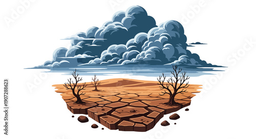 Modern flat vector illustration of dry cracked land after deforestation, showing desertification and climate change impact