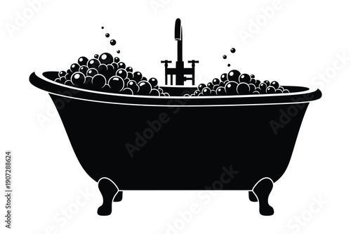 Black Silhouette of Bathtub Overflowing with Bubbles and Faucet
