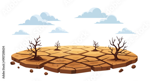 Modern flat vector illustration of dry cracked land after deforestation, showing desertification and climate change impact