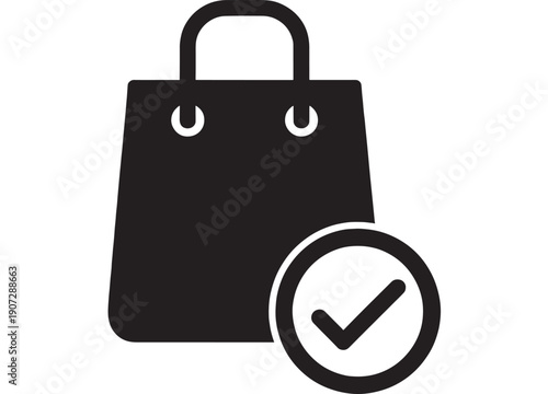 Shopping bag icon with check mark badge for verified purchase, order confirmation, approved cart, ecommerce success symbol in black silhouette isolated on white