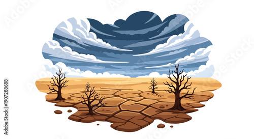 Modern flat vector illustration of dry cracked land after deforestation, showing desertification and climate change impact
