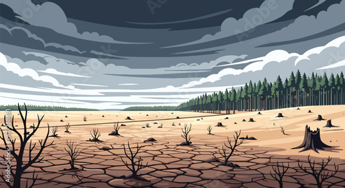 Modern flat vector illustration of dry cracked land after deforestation, showing desertification and climate change impact