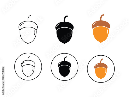 Acorn icon in different style. Acorn Icons Collection Outline, Solid, and Colored Styles for autumnal themes and nature vector illustration.