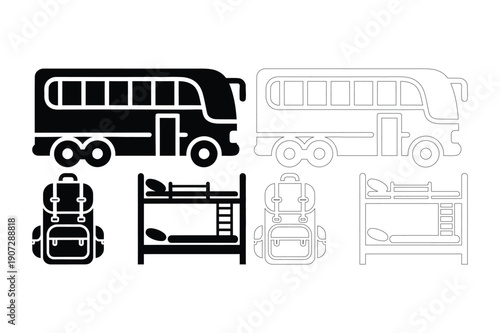 Travel Icons: Bus, Backpacks, Bunk Beds for Journeys