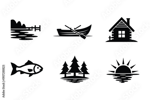 Lake and Forest Icons: Nature, Fishing, and Relaxation