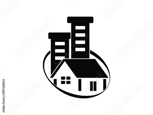 Real Estate Property and Urban Housing Icon. Real estate logo design featuring house silhouettes with windows. House, Building Vector Design.