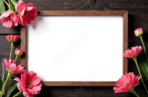 Wooden frame with blank white space surrounded by pink gerbera daisies on a dark wooden background, ideal for displaying photos or artwork