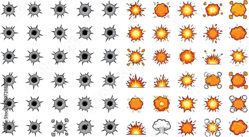Numerous stylized bullet holes and explosive effects are displayed in a grid layout.