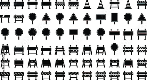 Collection of traffic cones, road barriers, and various warning signs are presented in a grid.