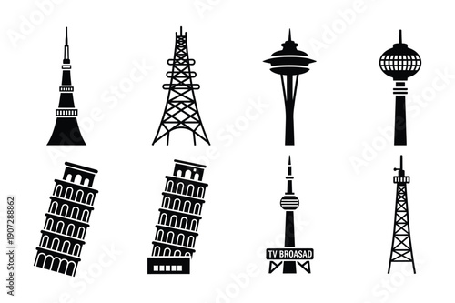 Tower Icons: Eiffel, Pisa, TV Tower, Lighthouse