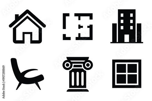 Home and Architecture Icons: House, Floor Plan, Building