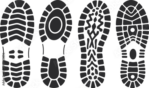 Boot and Shoe Sole Imprint Silhouettes Set, Different Tread Patterns Footprint Collection, Grunge Footwear Texture Vector Illustration Isolated on White Background