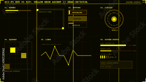 Futuristic heads-up display interface kit with neon yellow elements on a dark background