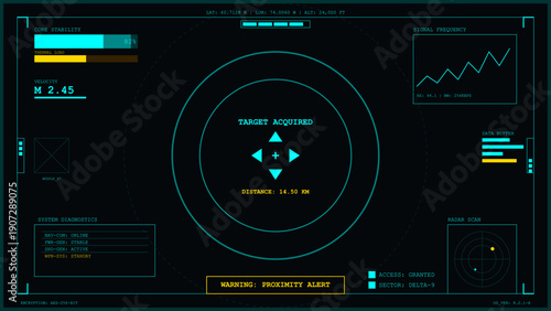 Futuristic heads-up display interface with target acquisition and system diagnostics data