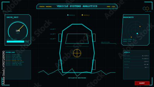 Futuristic vehicle systems analytics dashboard with real-time performance monitoring and proximity radar display