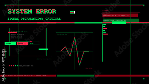 Glitchy system error screen with critical signal degradation and unauthorized access alerts