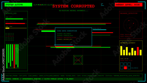 Abstract computer screen display with critical data corruption and malware detection alerts