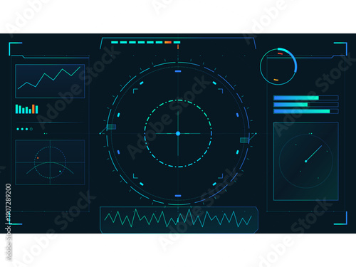 Futuristic high technology user interface background with glowing data visualizations and circular radar display
