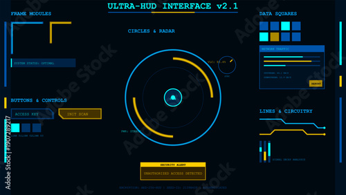 Futuristic dark blue and yellow digital screen display with complex data analysis and security alert interface